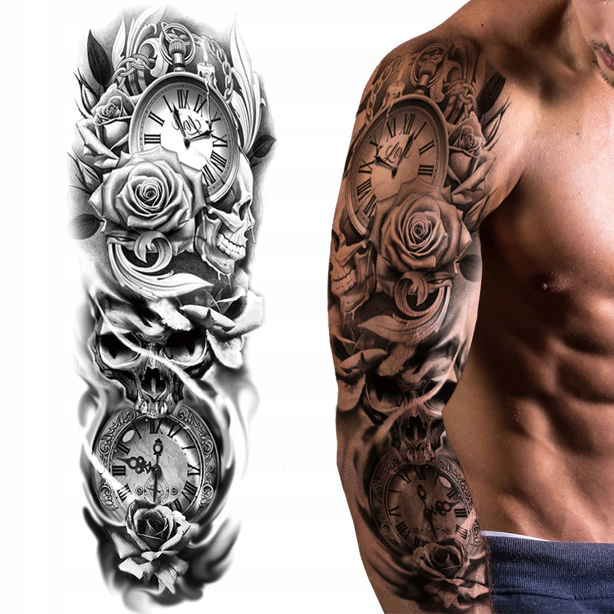 TATUAŻ ZMYWALNY KILKUDNIOWY PROBNY RĘKAW CZASZKA ZEGAR CZAS KWIATY WZORY