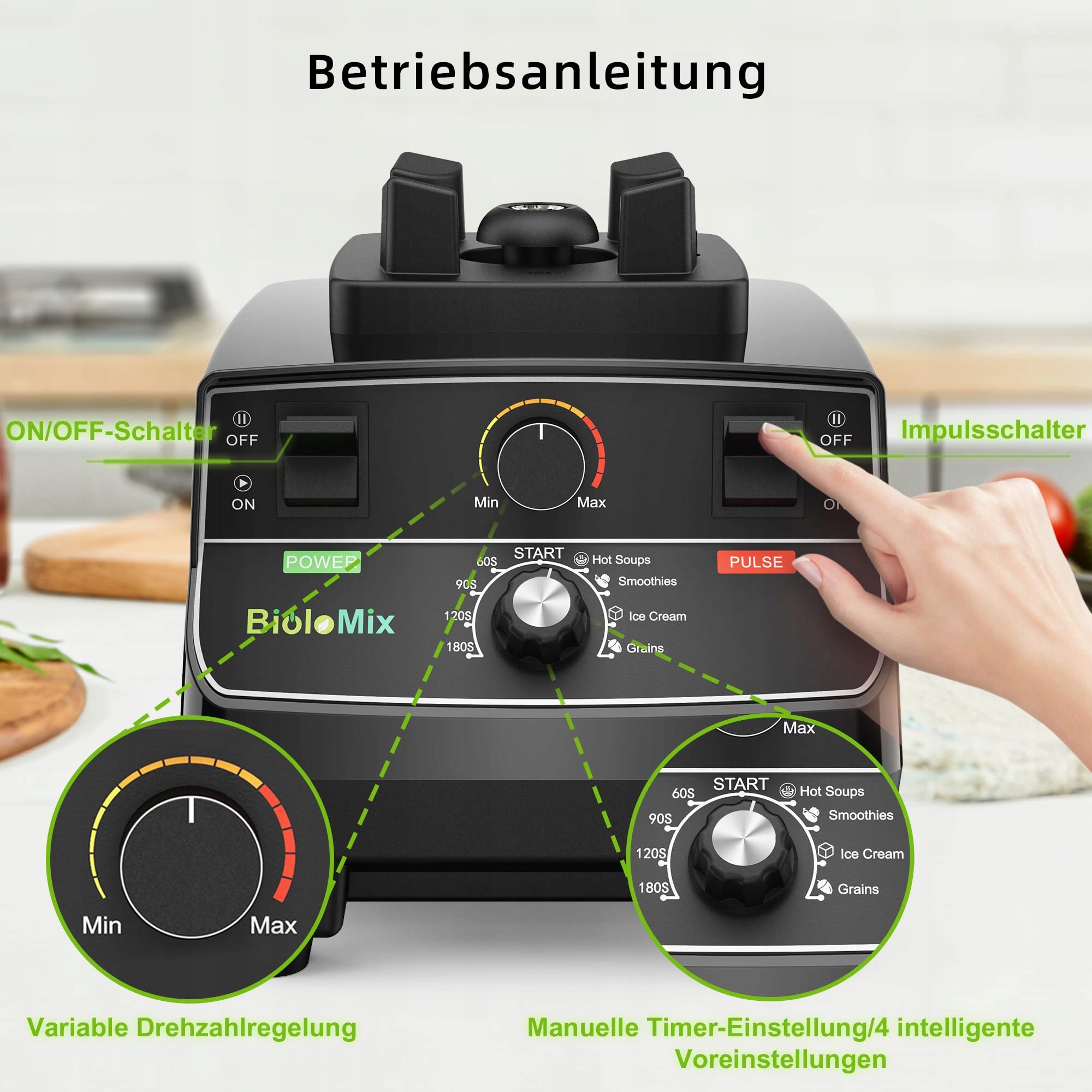 BIOLOMIX Blender Wysokiej Mocy 2200W 2L i 600ml BPA Free Samoczyszczący — miniatura 2