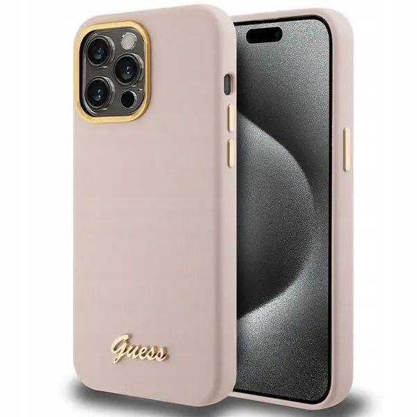 Etui Guess Silicone Script Metal Logo Frame na iPhone 15 Pro Max różowe