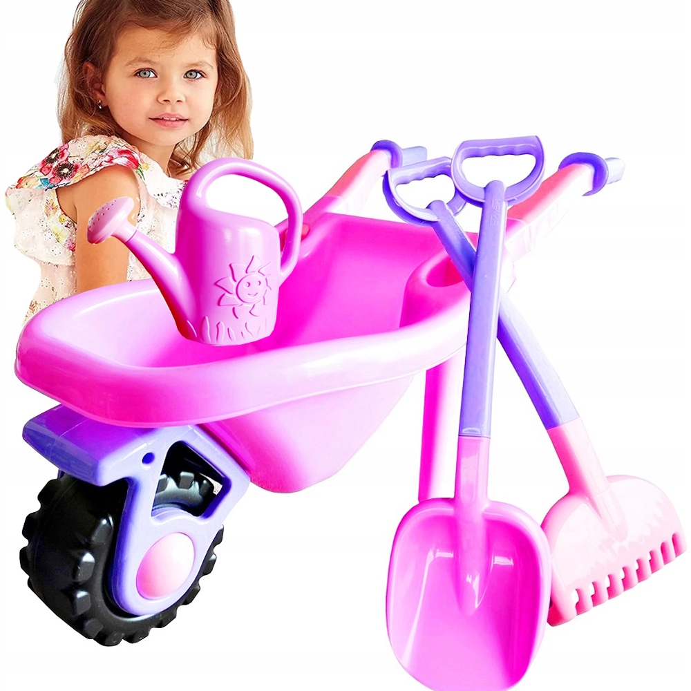 DUŻA RÓŻOWA TACZKA DO PIASKU + ŁOPATA + GRABIE + KONEWKA RT