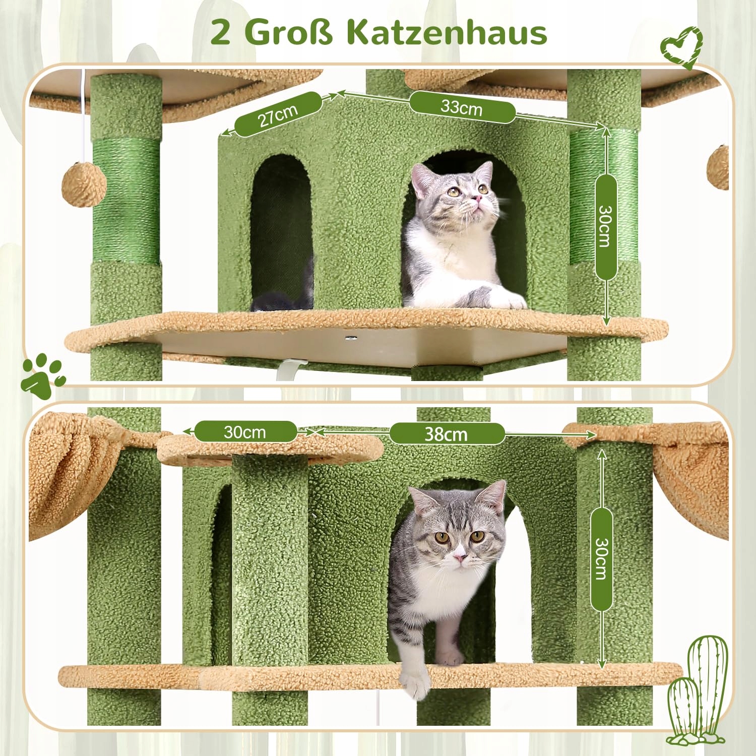 GLOBLAZER Drapak Kaktus Zielony XXL 203 cm 3 Legowiska 2 Domki 2 Kosze — miniatura 3