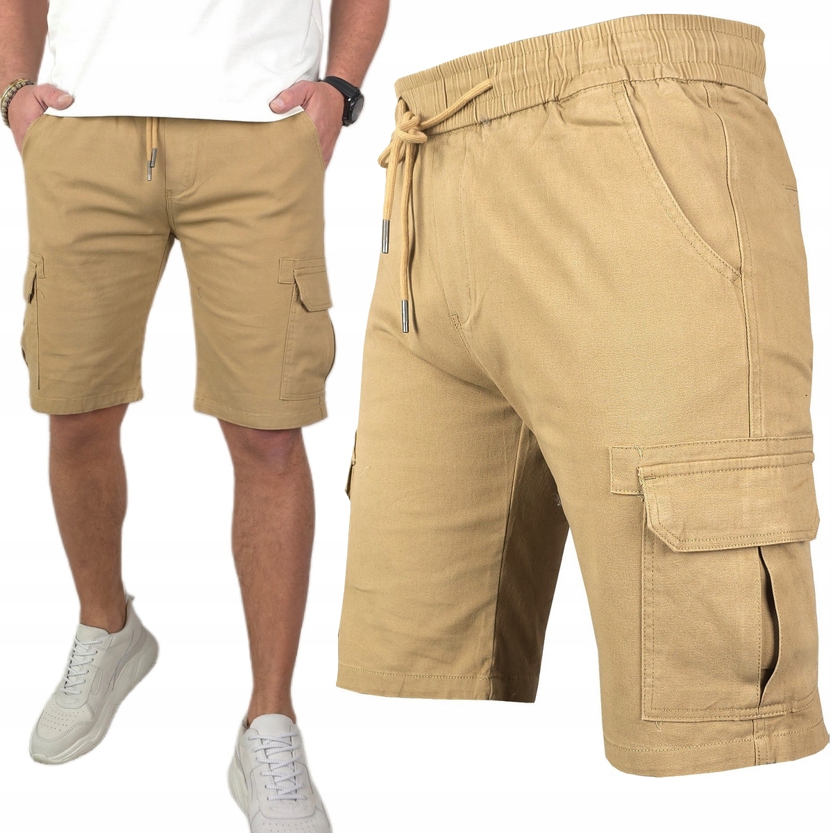 Kraťasy pánské Jeansové Kapsáče krátké kalhoty Pas s Gumičkou béžové vel. M