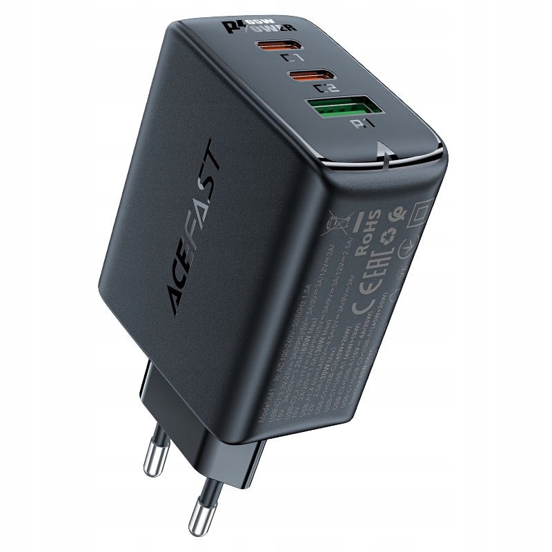 Szybka ładowarka sieciowa GaN 2x Usb-c Usb-a Pps Pd QC4+ 65W czarna