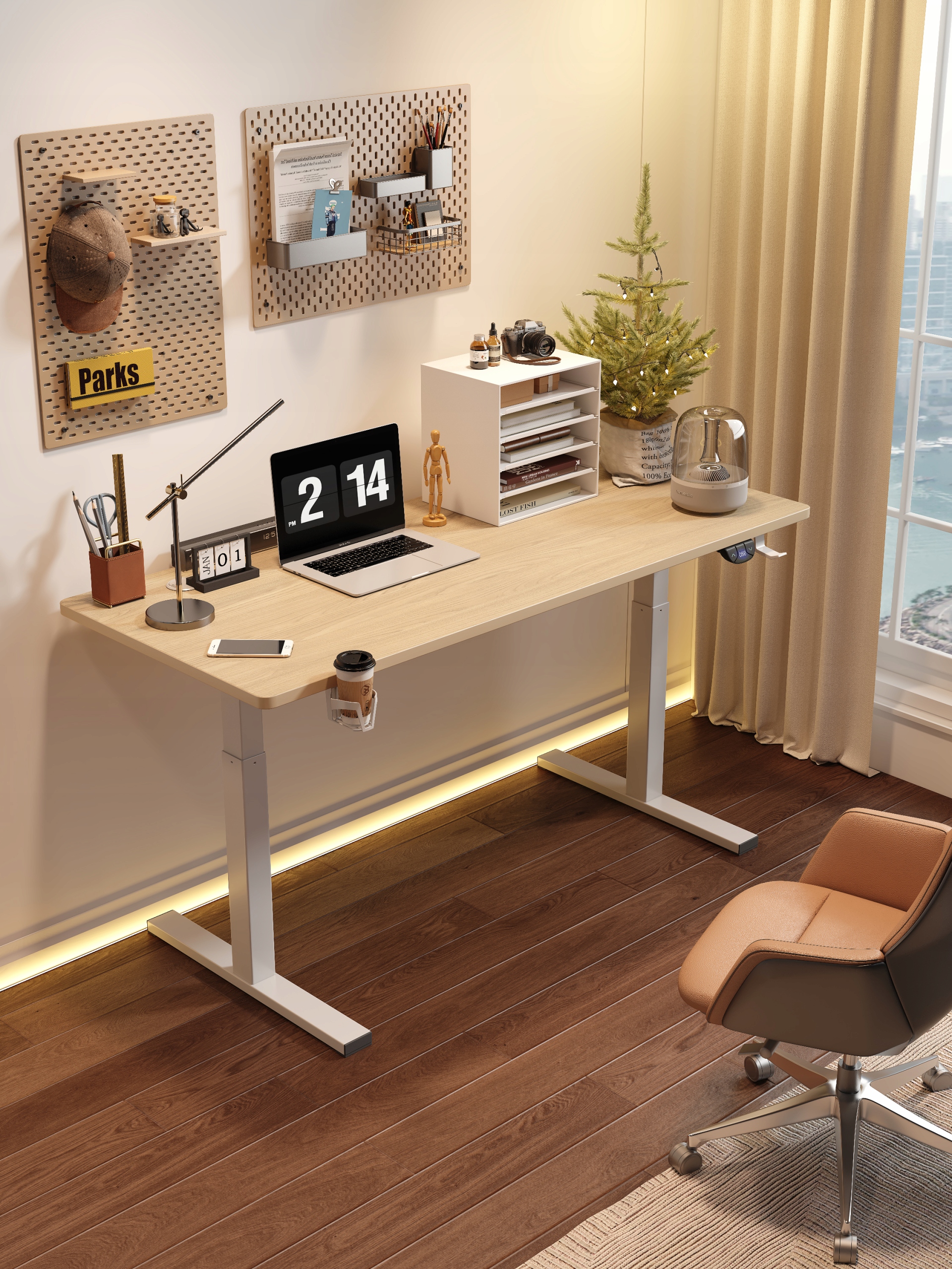 Biurko regulowane 140cm Elektryczne regulacja wysokości 72-118cm olcha LED