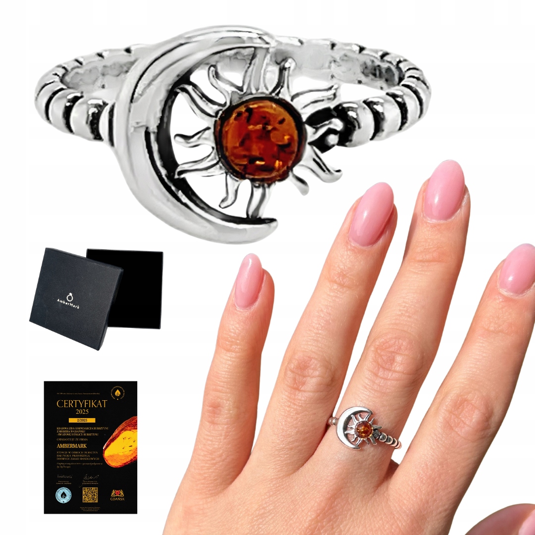Prstýnek stříbrný s baltickým jantarem měsíc slunce 12 koňak Film