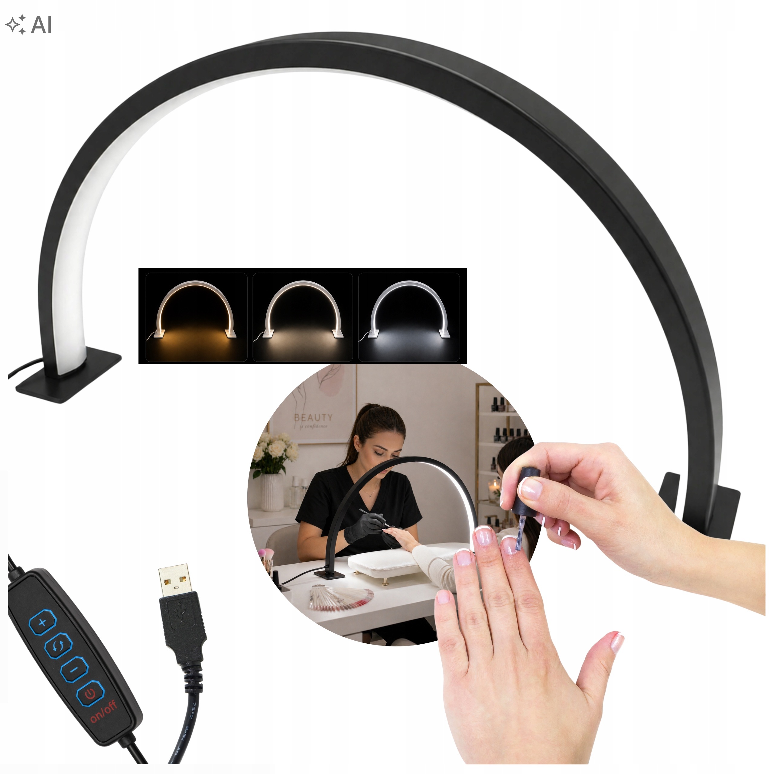 Kosmetická lampa Moon Led Luk 20W s dálkovým ovládáním 40 cm Na Stůl Černá