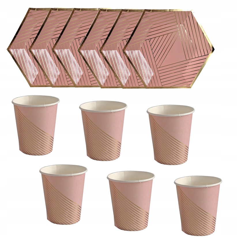 Zestaw kubki talerzyki różowy w złote paski 12 szt