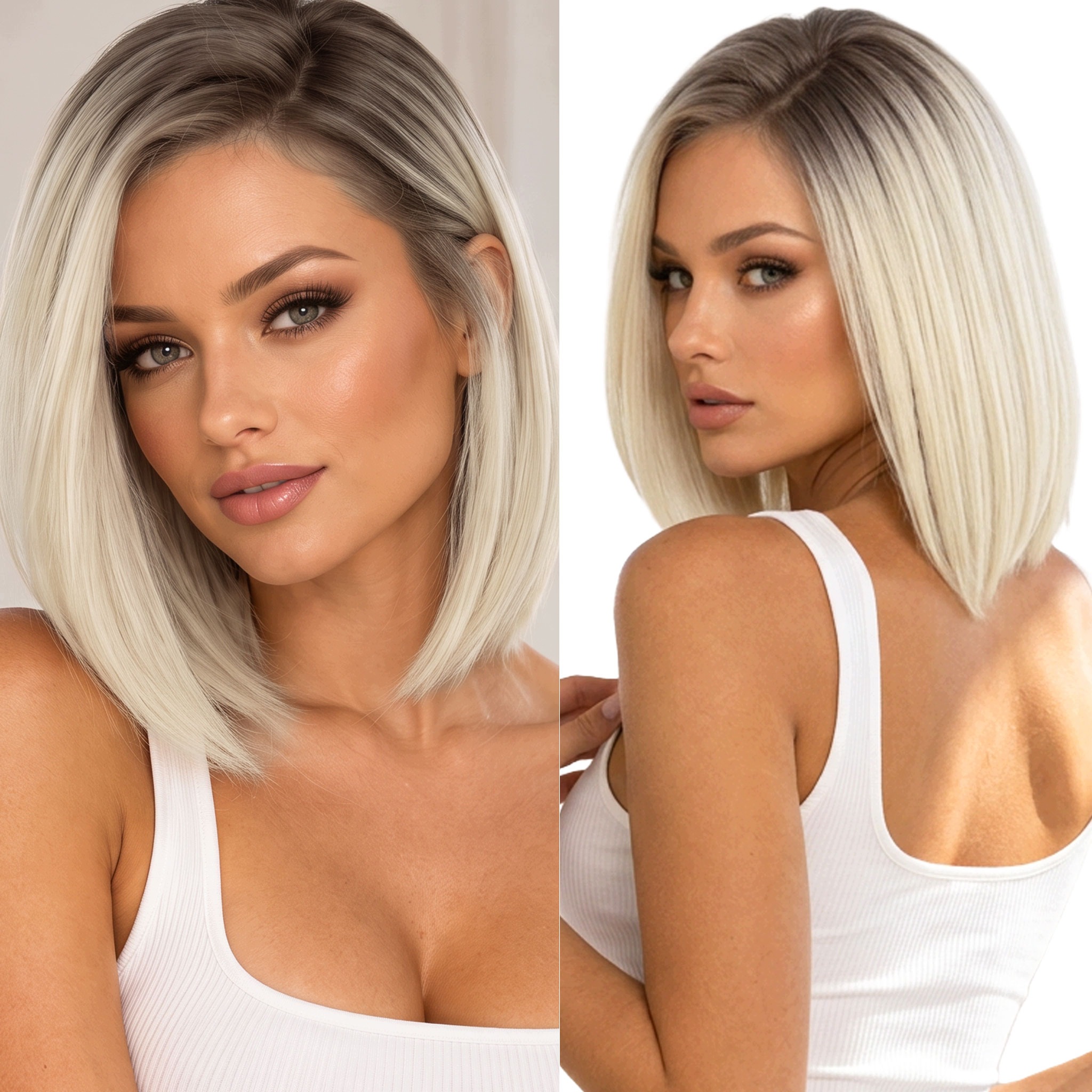 Peruka syntetyczna 35cm Bob Top Lace jasny blond odrost przedziałek na boku