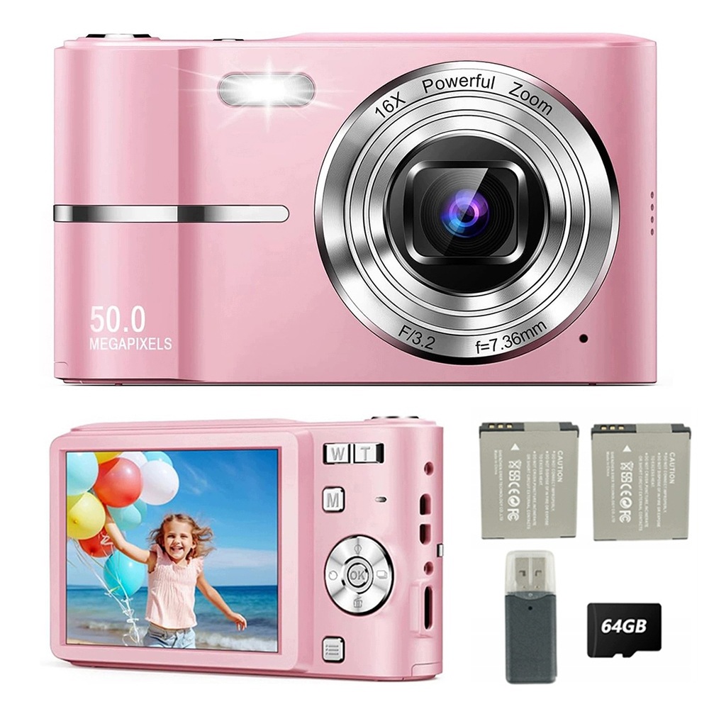 Mini Digitální Fotoaparát Hd 44MP 16X Zoomem Růžový 64GB Antishake