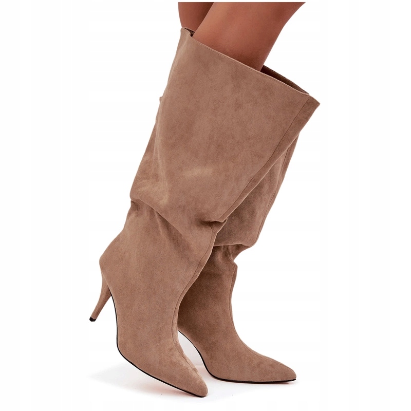 Dámské Kozačky Eko Semišové Podpatek Nazouvací Nařasené Béžové 39