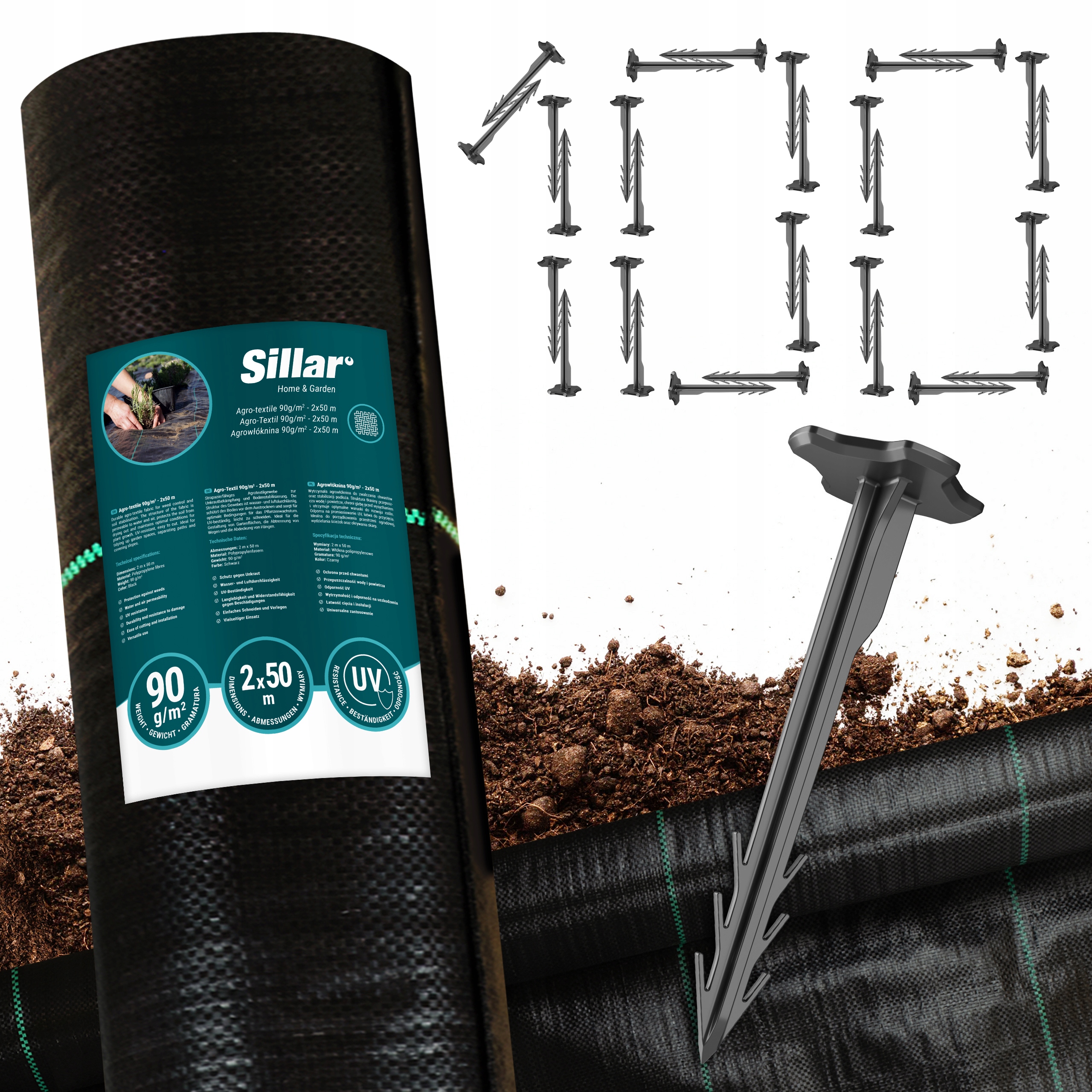 Agrotkanina 90 agrowłóknina 2x50m mata na chwasty kamień korę +kotwy 100szt