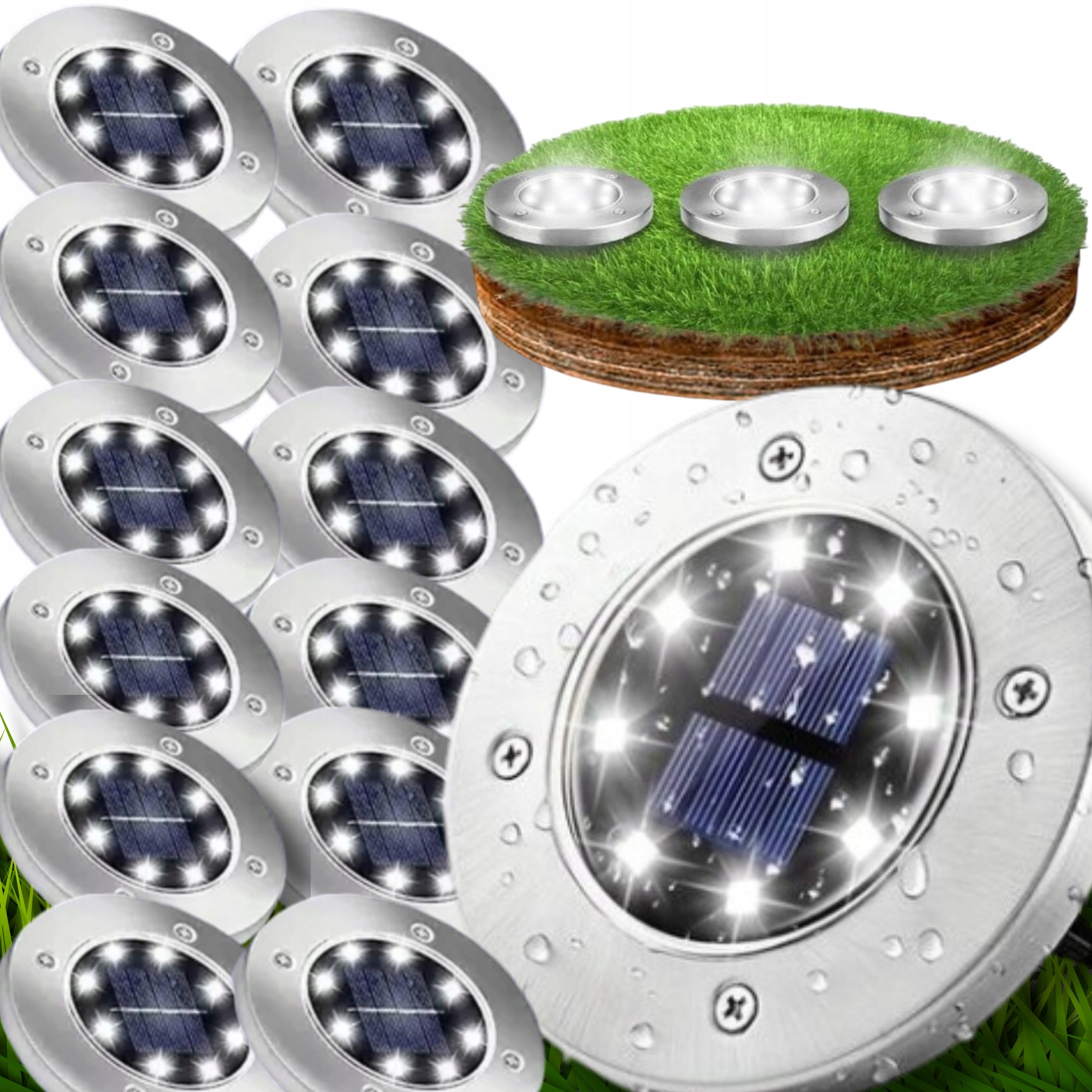 Lampa Led Solarna Wbijana Gruntowa Najazdowa Dysk Zestaw 12 szt.