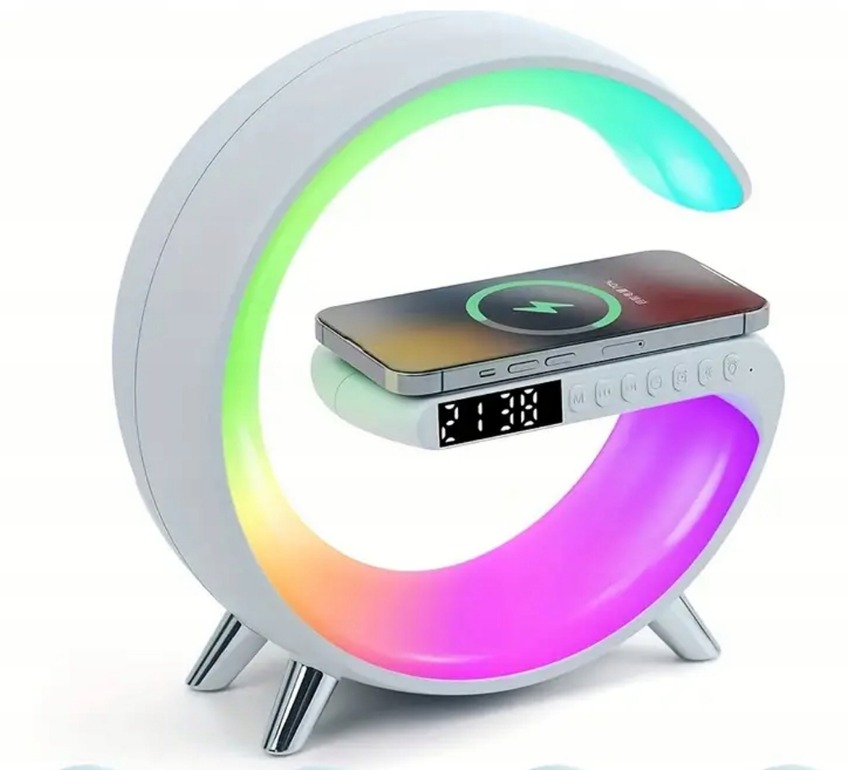 Lampka LED Ładowarka QI Głośnik RGB RADIO ZEGAR Typ nocna stołowa