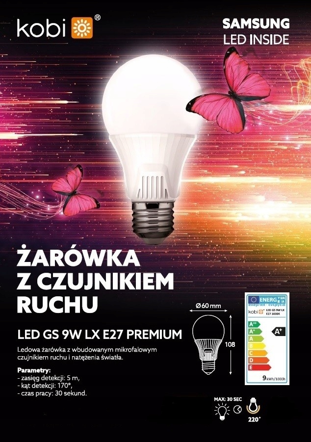 Żarówka LED 9W E27 PREMIUM Czujnik Ruchu 6500K Marka Kobi