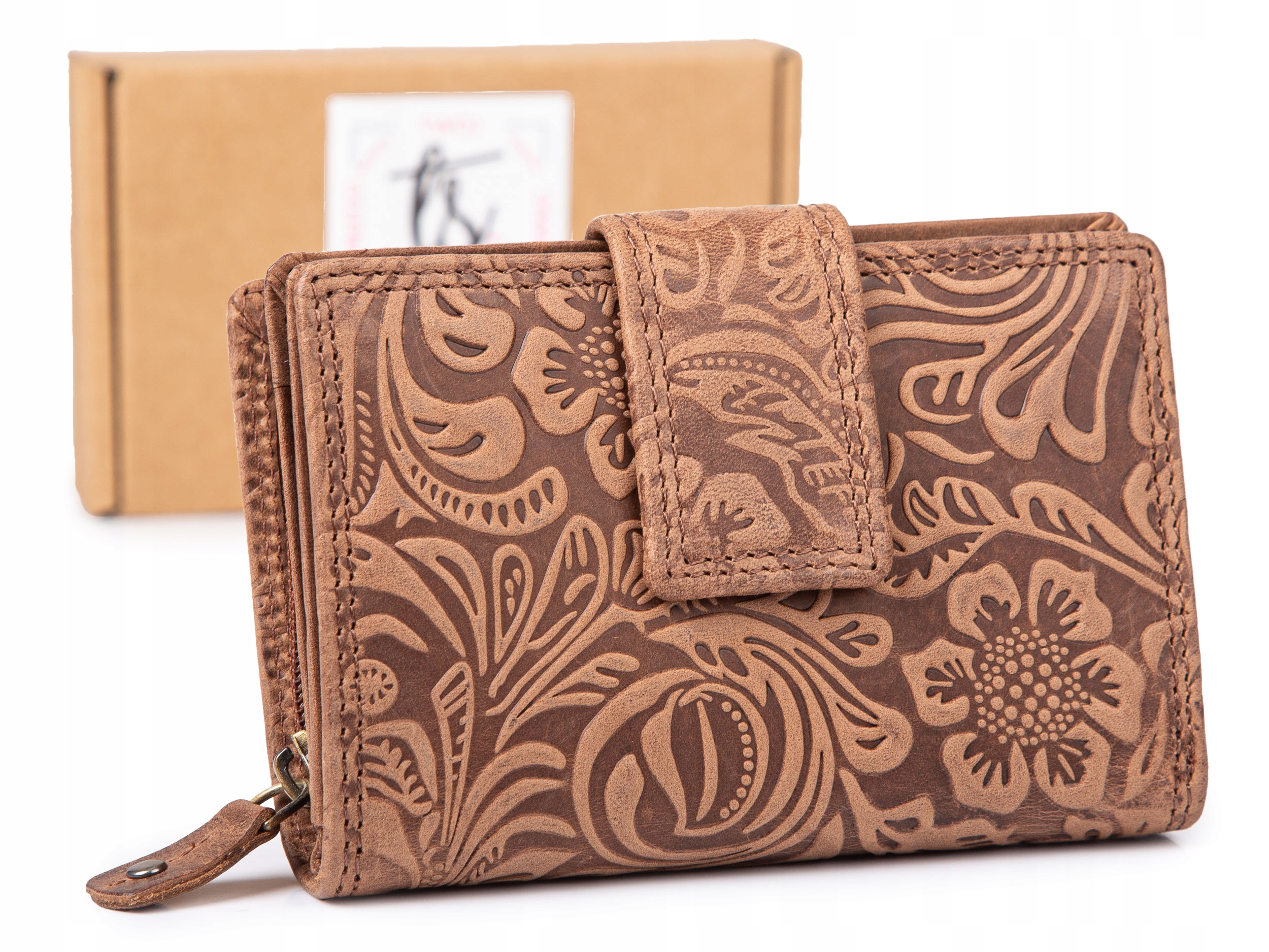 Dámská kožená peněženka s květinami, matná ve stylu vintage, Rfid, tmavě hnědá