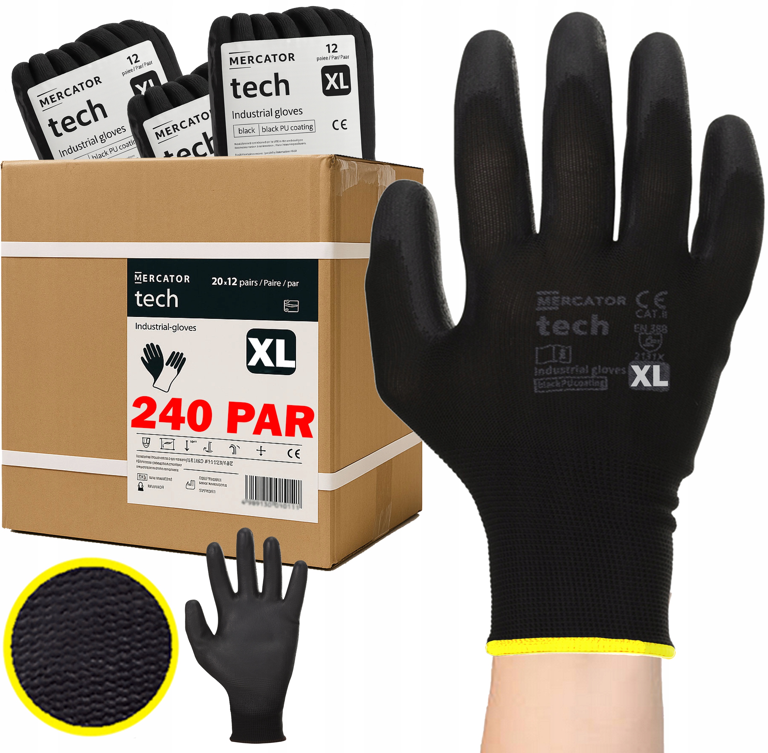 Levně Pracovní Rukavice Komfort Black+black Tech Pu Poliur Stahovací Pásek XL 240 Párů