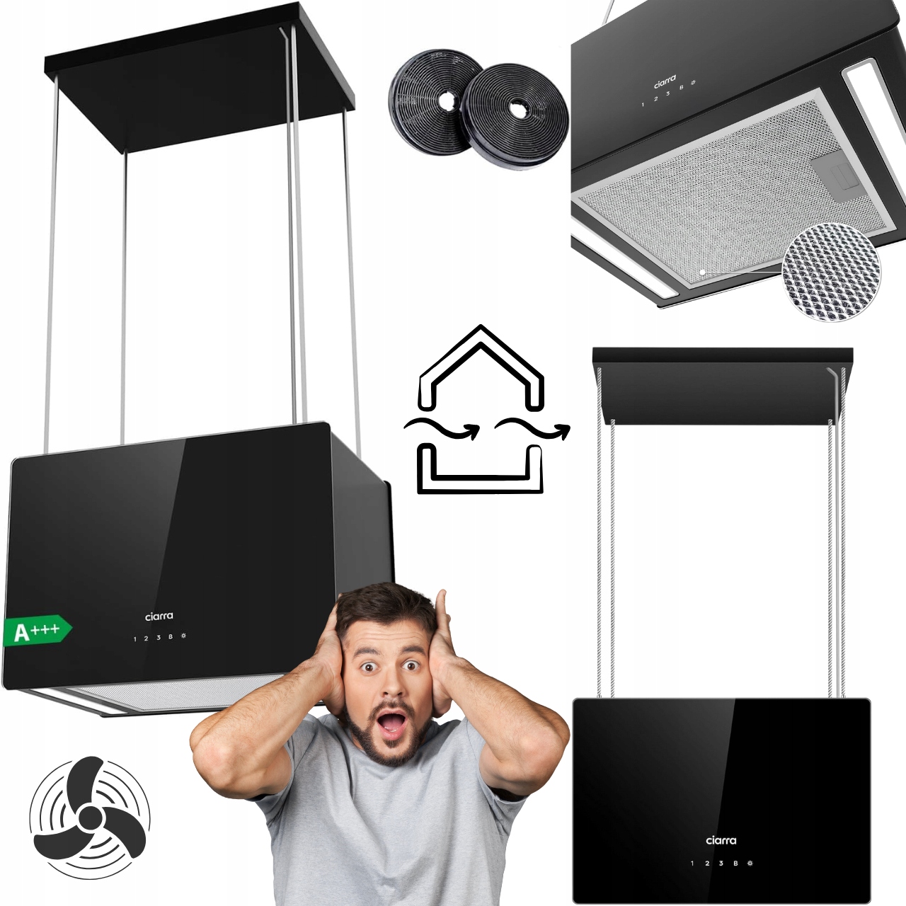 Okap wyspowy Ciarra 48 cm A+++ WiFi 700 m³/h turbo Led 4 poziomy prędkości