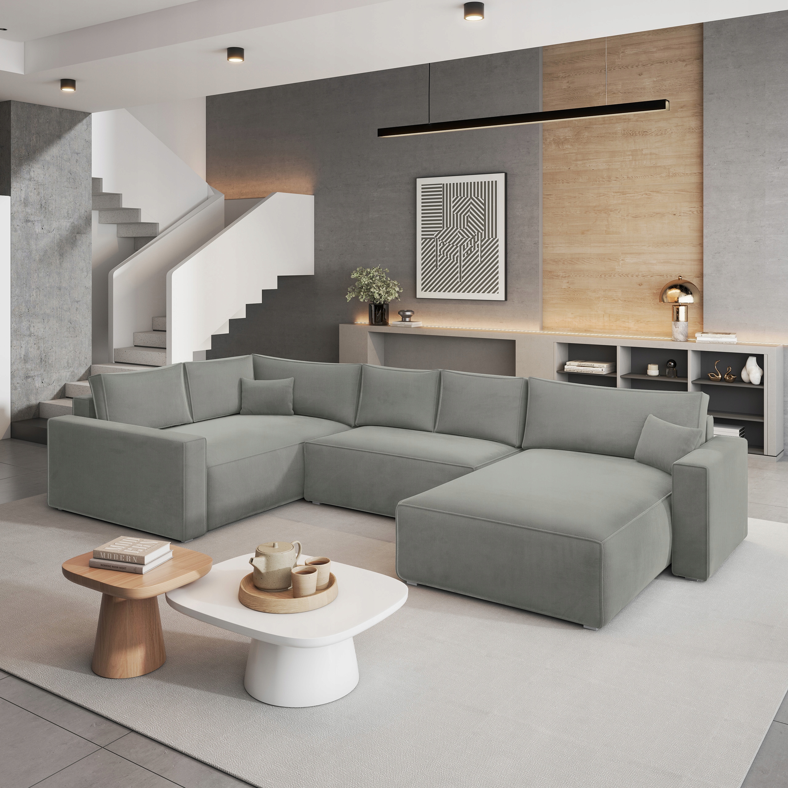 Rohová Sedací Souprava Velami Funkce Spaní Moderní Velur Světle šedá