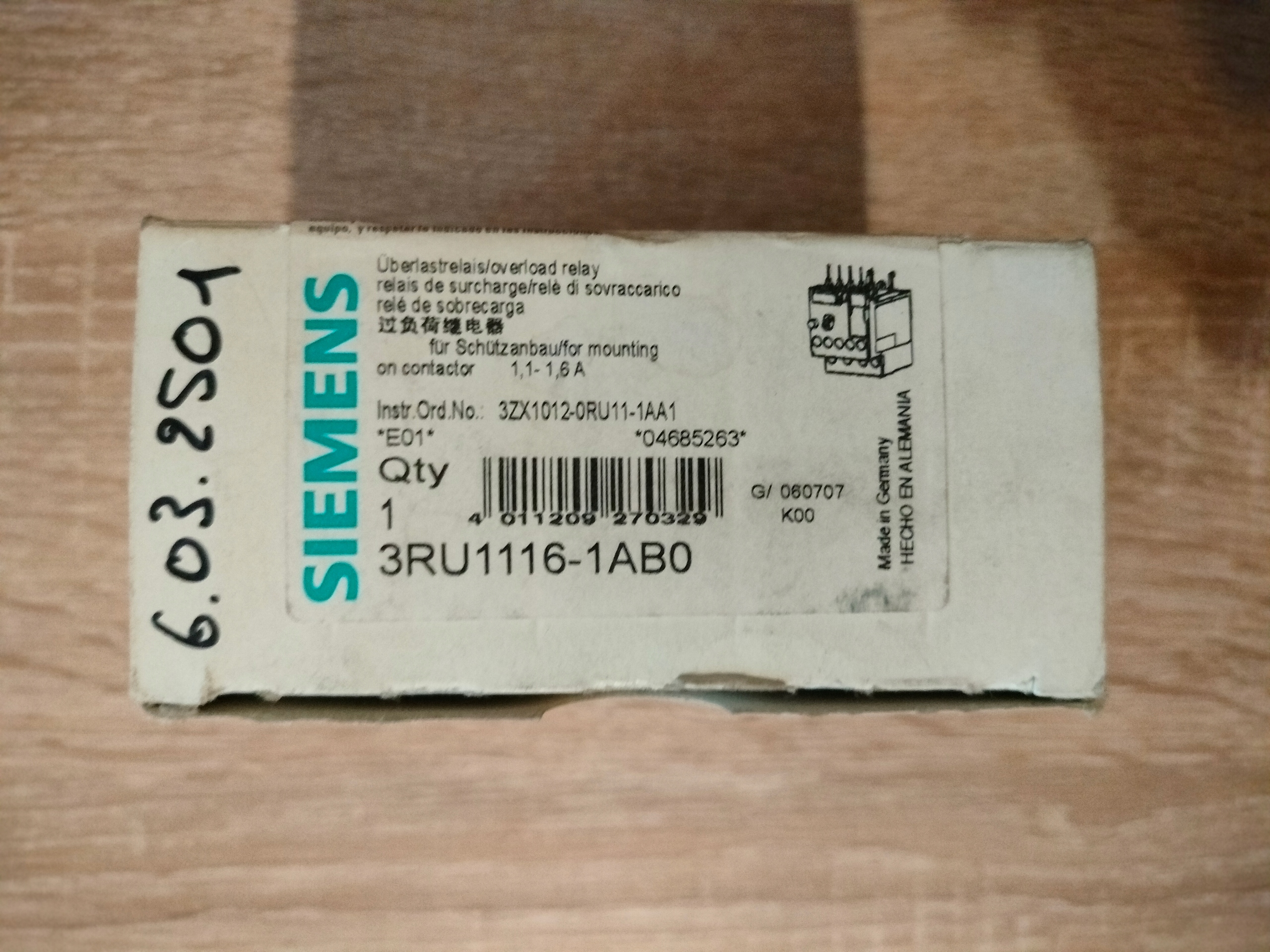 Přetěžovací relé 1.1–1.6 A 3RU1116-1AB0 Siemens