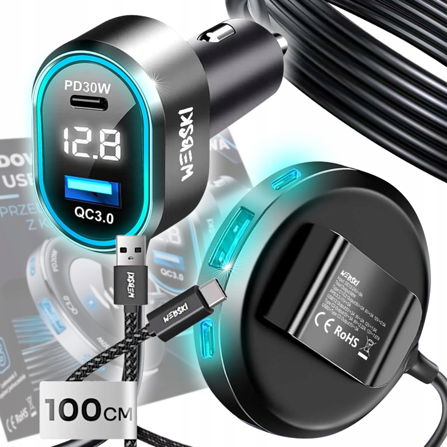 Automobilová S Prodlužovacím Diskem 98W 2xUSB 3xUSB-C Kabel 100CM