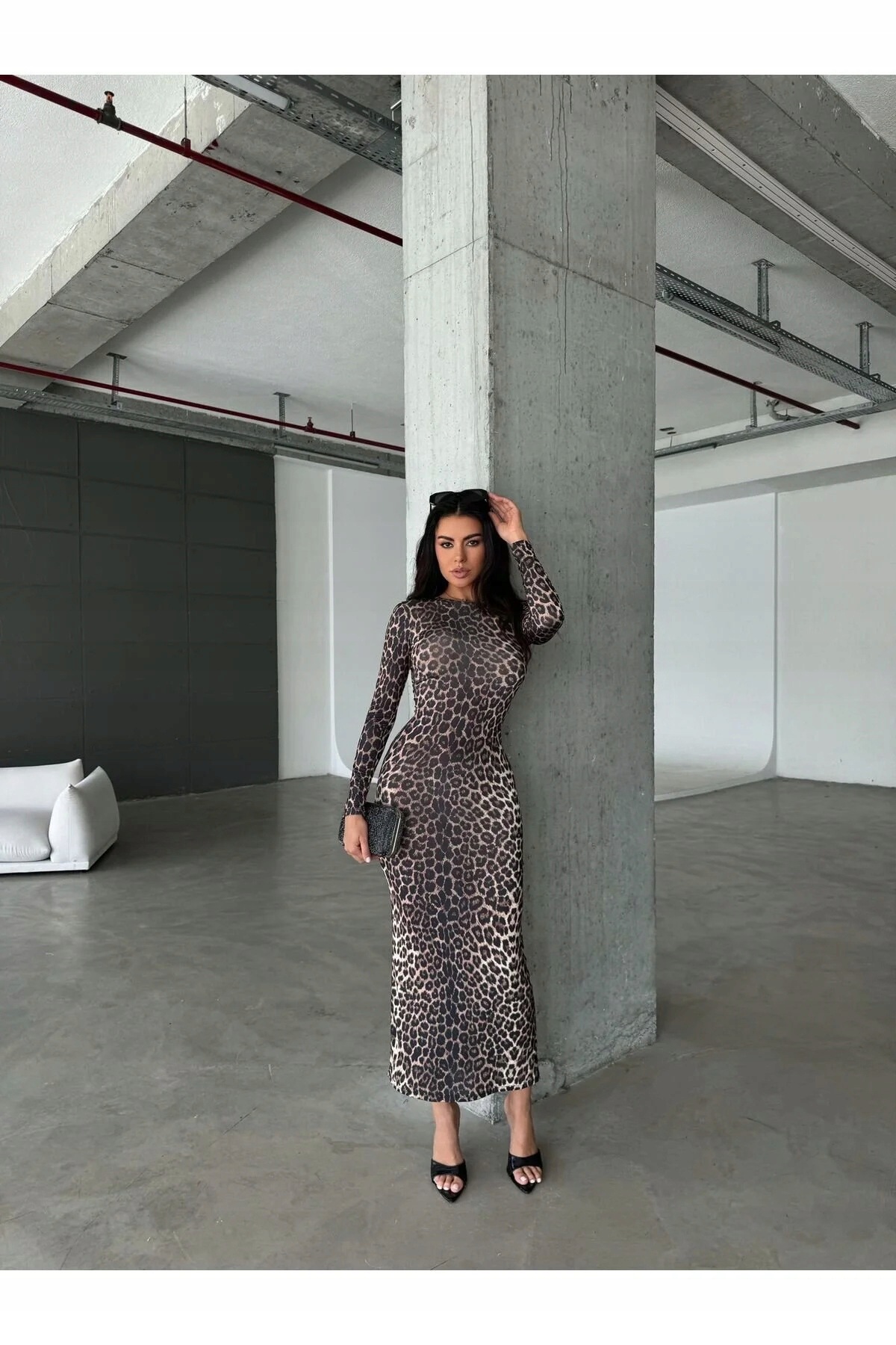 Dámské Dlouhé Šaty S Dlouhým Rukávem S Leopardím Vzorem Prosta L 5HA