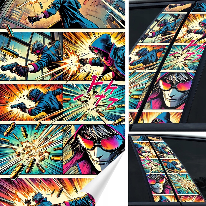 2xNALEPKA na sloupek Sloupky dveří auta Komiks Japonský Akce 50x30