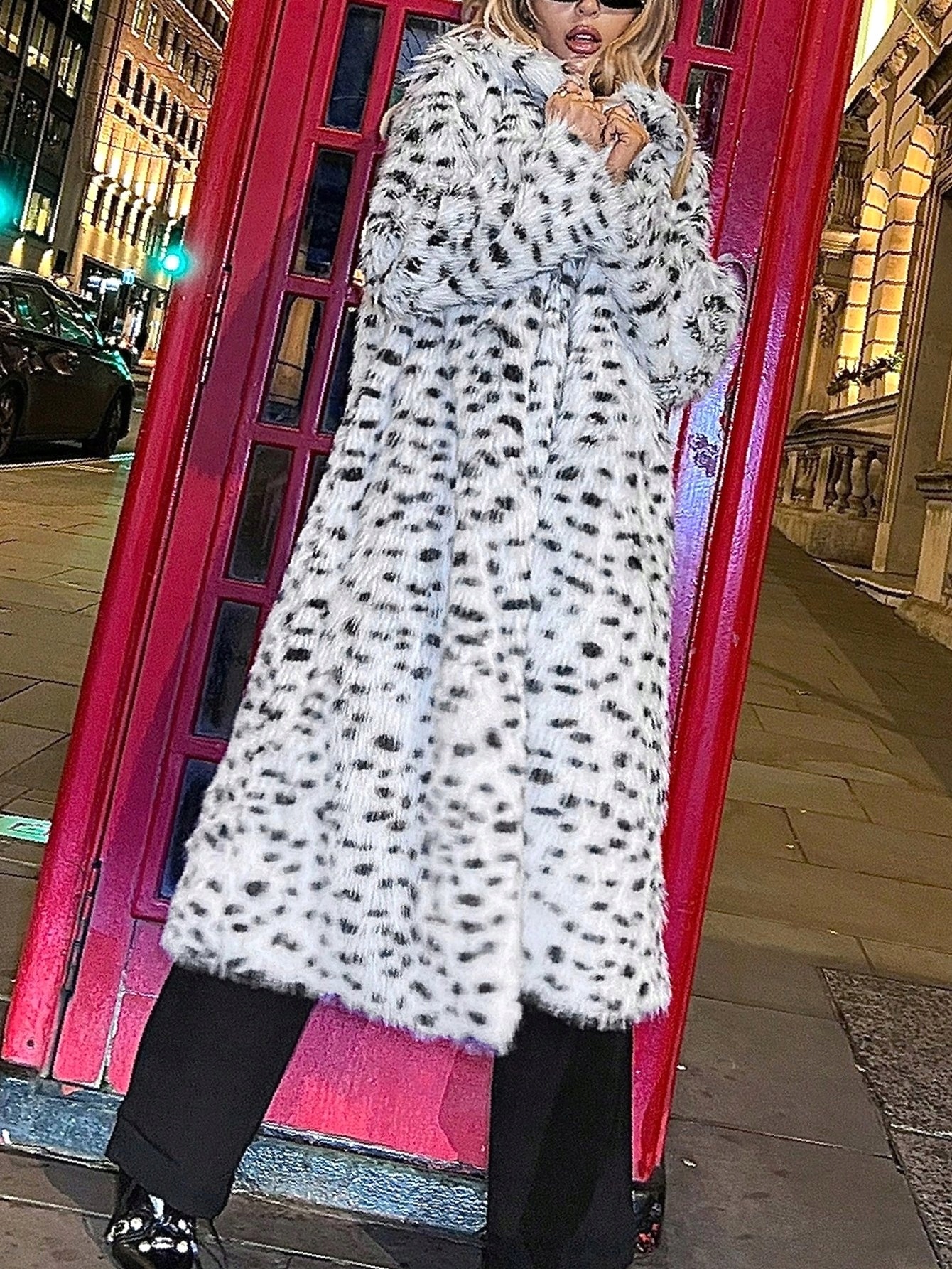 Kabát Kožíšek Dlouhý Bílo-černý Oversize Panterka L 40