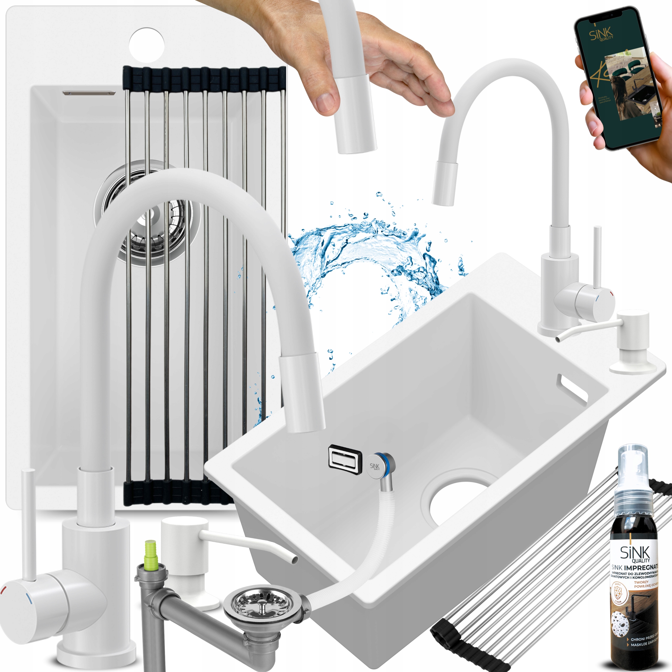 Jednokomorový granitový dřez bílý s flexibilní baterií Malý Úzký