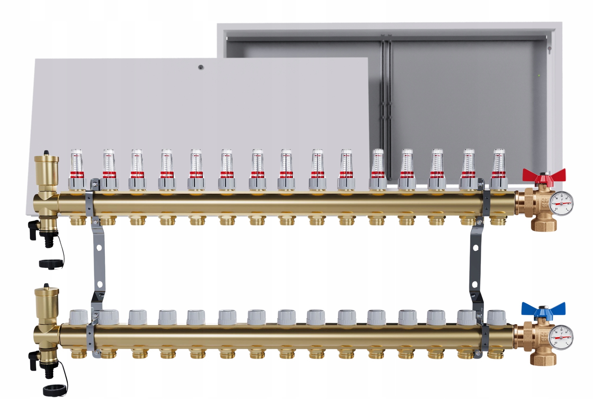 Rozdělovač Pro Podlahovou Krytinu 15 Okruhů Ventil Teploměr Nástěnná Skříňka