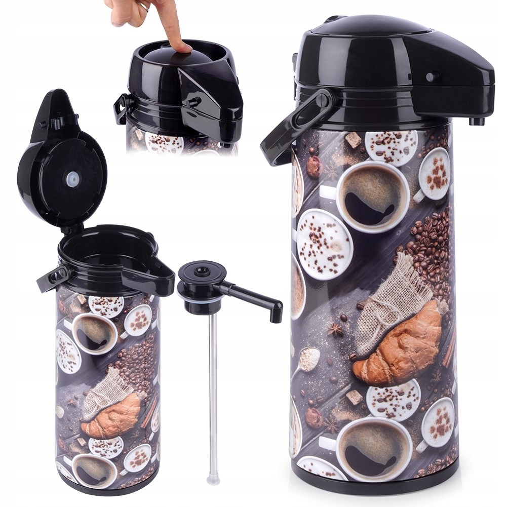 Duży TERMOS KONFERENCYJNY stołowy z pompką szklany wkład na kawę herbatę