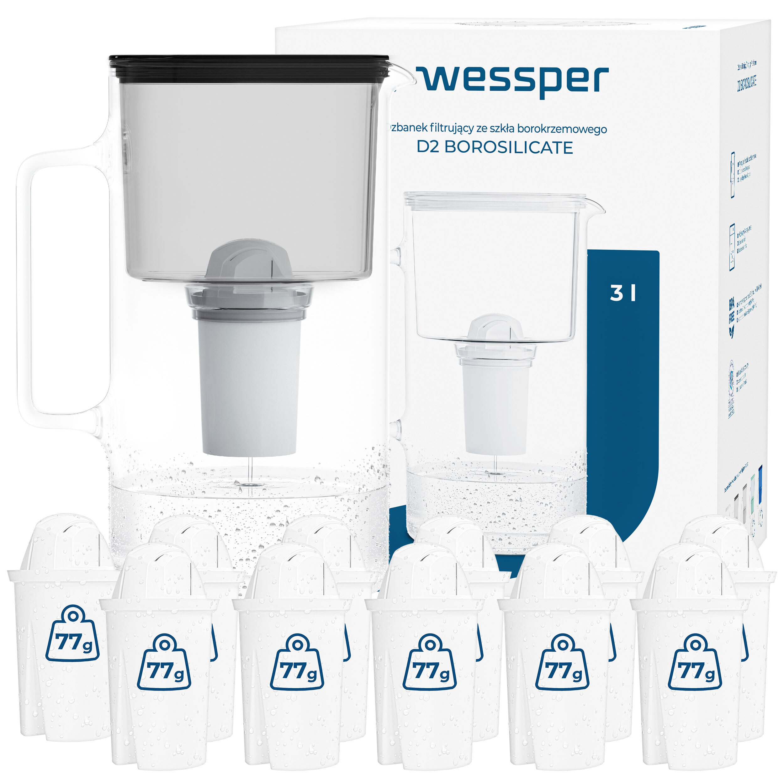 Dzbanek Szklany Wessper D2 Borosilicate 3l 12x Filtr Wessper aquaclassic