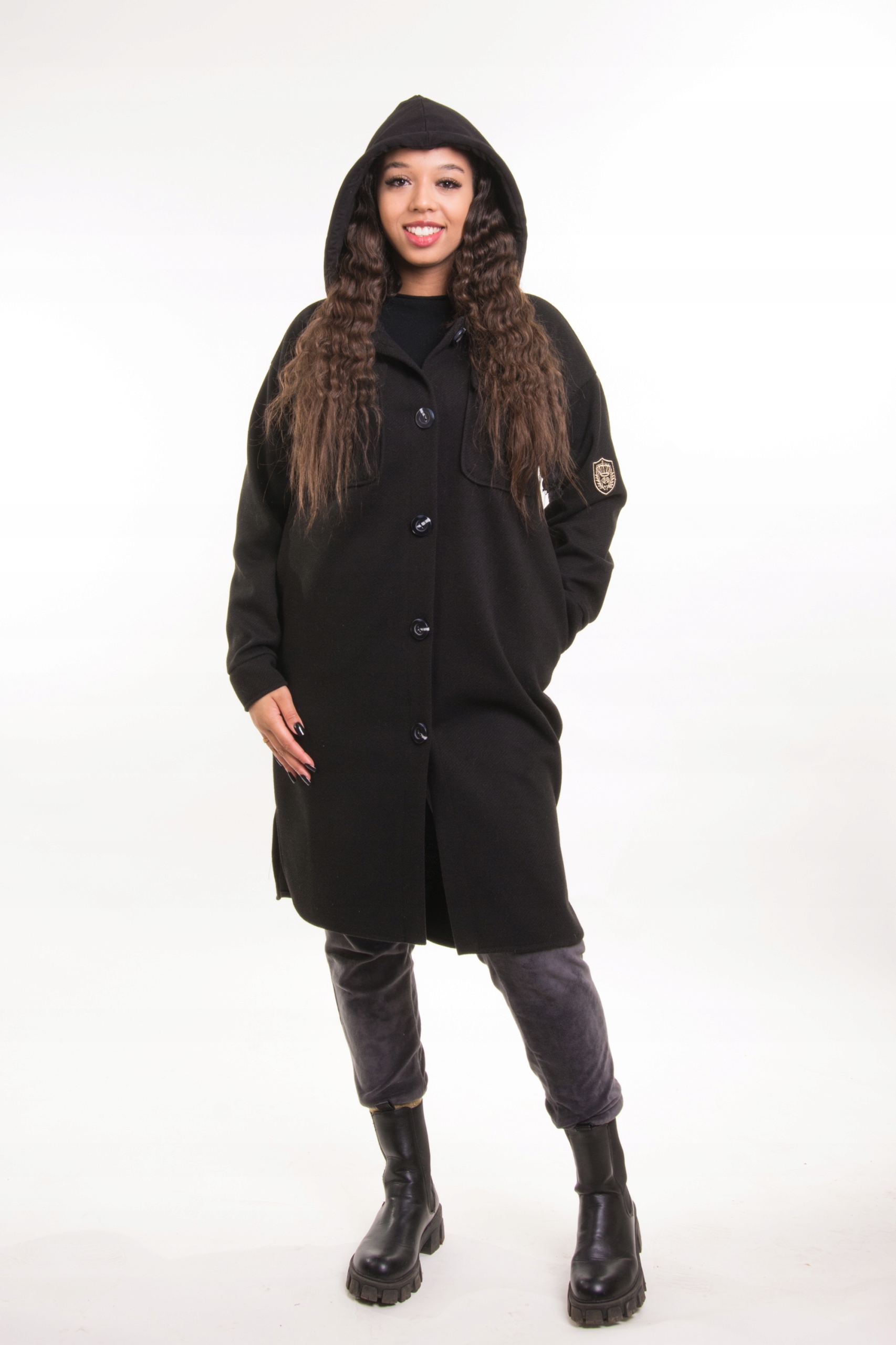 Oversaizowy Płaszcz Damski Wiosenno-Jesienny z Flauszu Dzianinowy Kaptur 46 Rozmiar 46