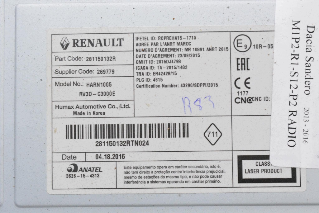 RADIO radio CD USB AUX 281150132R DACIA SANDERO 2 II 13-16