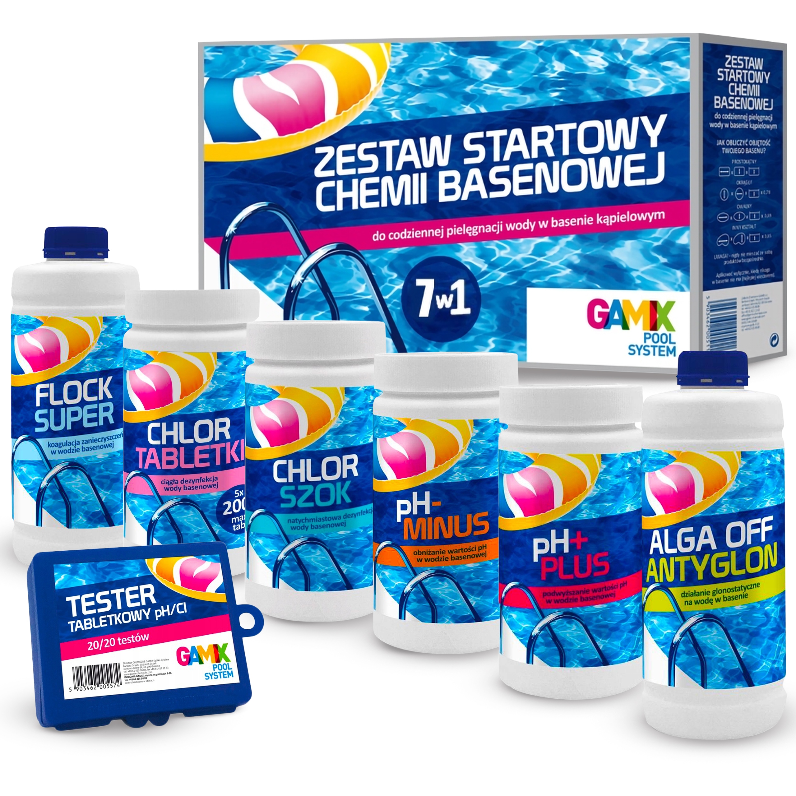 Zestaw Startowy 7W1 Basenu Jacuzzi Gamix Tabletki Chlor Ph Testy Antyglon