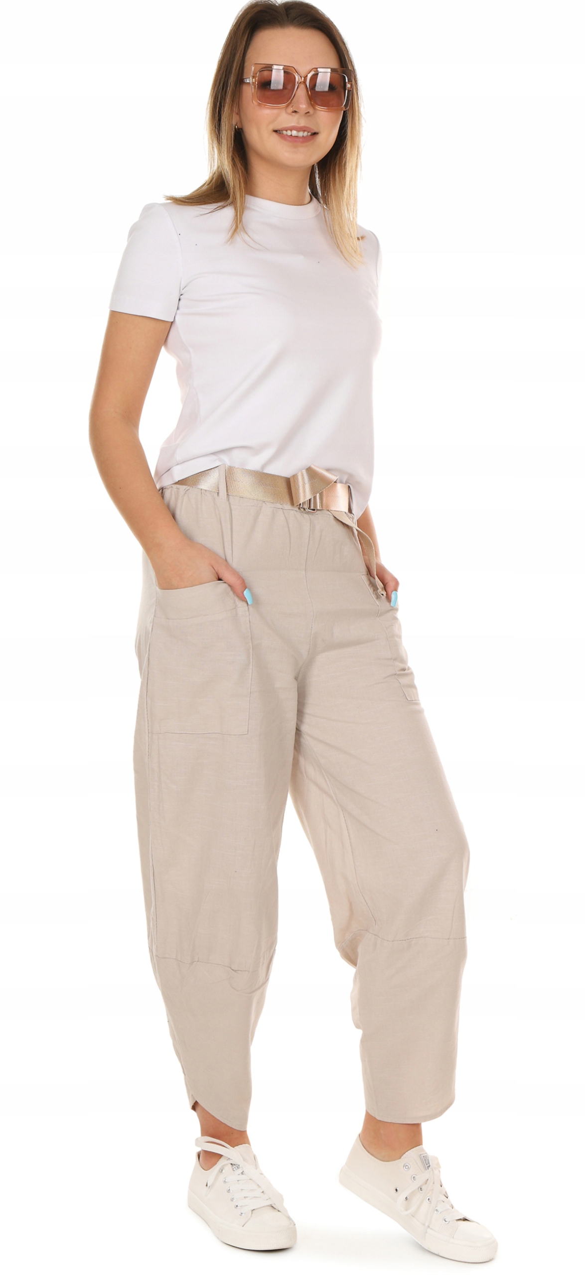 F671 Lniane SPODNIE 7/8 Tulipany Marka inna