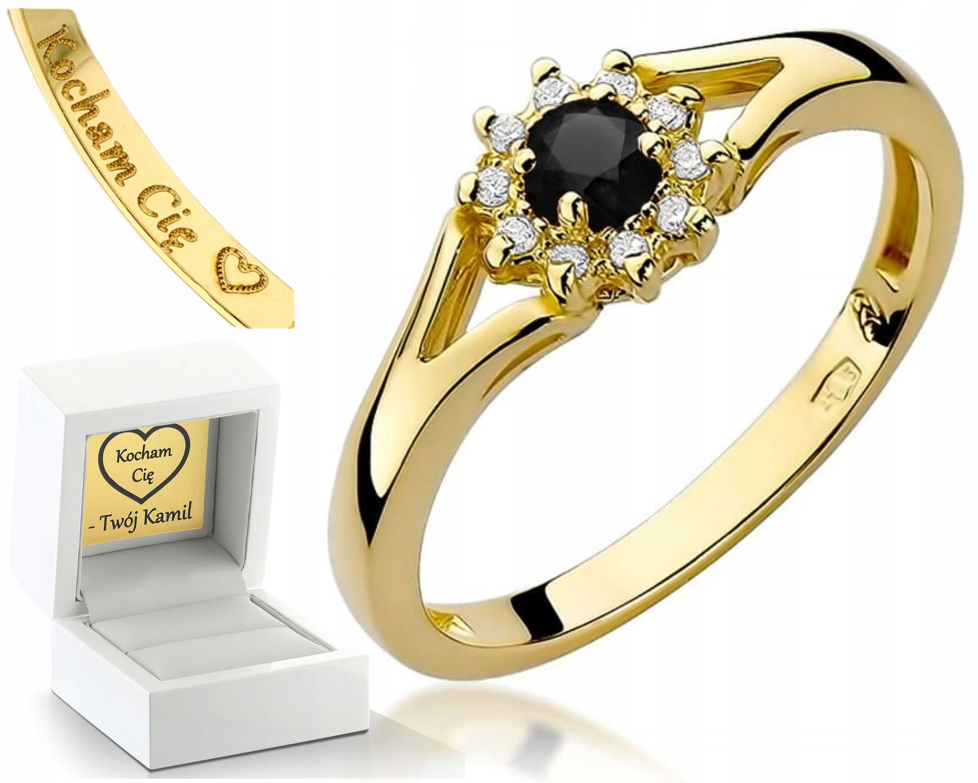 Zlatý Prstýnek Na Zásnuby Černý Briliant A Diamanty 585 Gravírování Bonus