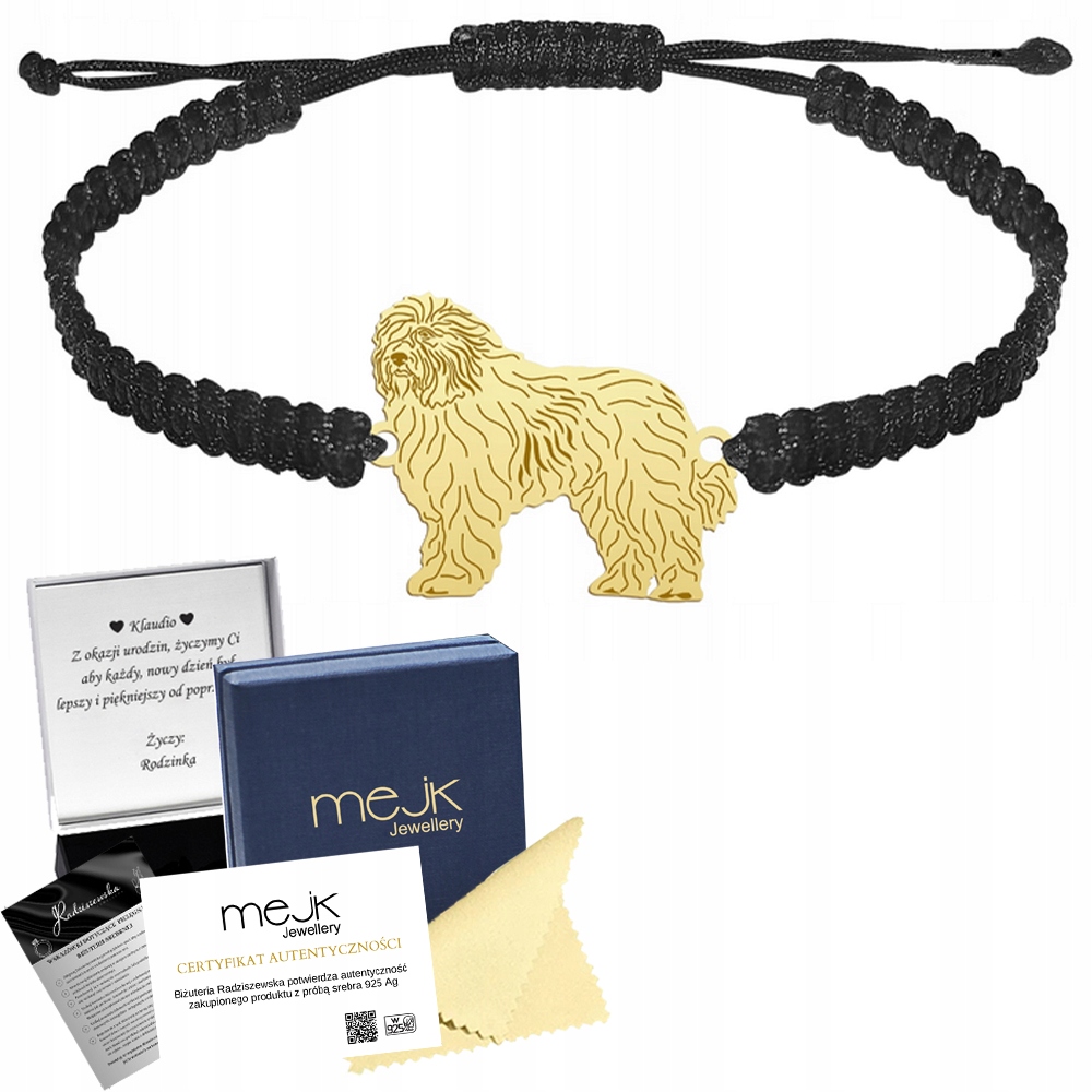 Zlatý náramek se psem Rumunský ovčák Mioritic 925 Makramé Gravírování