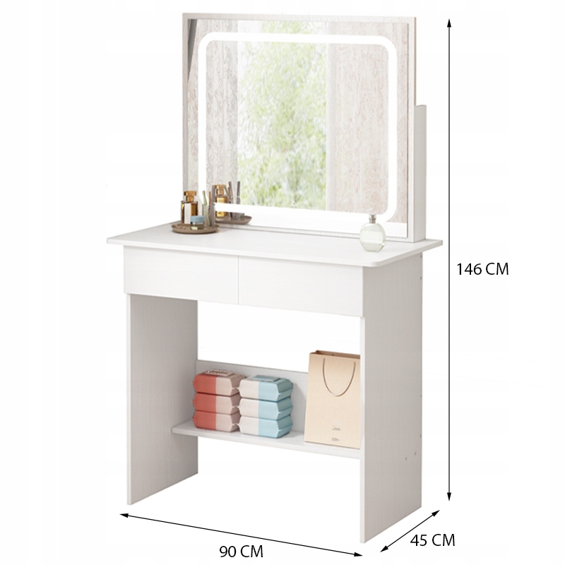 KOZMETIKAI SMINK FÉSÜLKÖDŐASZTAL LED TÜKÖRREL MODERN GLAMOUR 90 CM Kivitelezés fehér