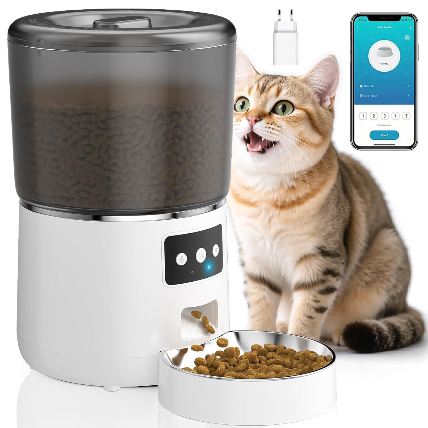 Automatický Podavač Pro Kočky A Psy Wifi 4 L Krmítko S Časovačem, Bílá Barva