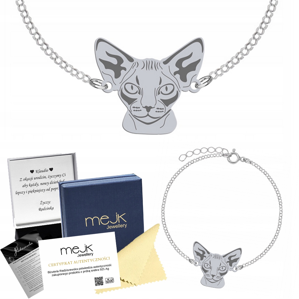 Stříbrný náramek s kočkou Devon Rex, ryzost 925 Dárek Šperk Gravírování Bonus