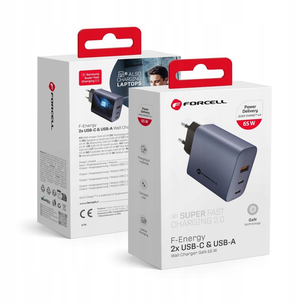 F-Energy Síťová nabíječka GaN 65W 2xUSB C a Usb A s nabíjením Pd a QC4.0