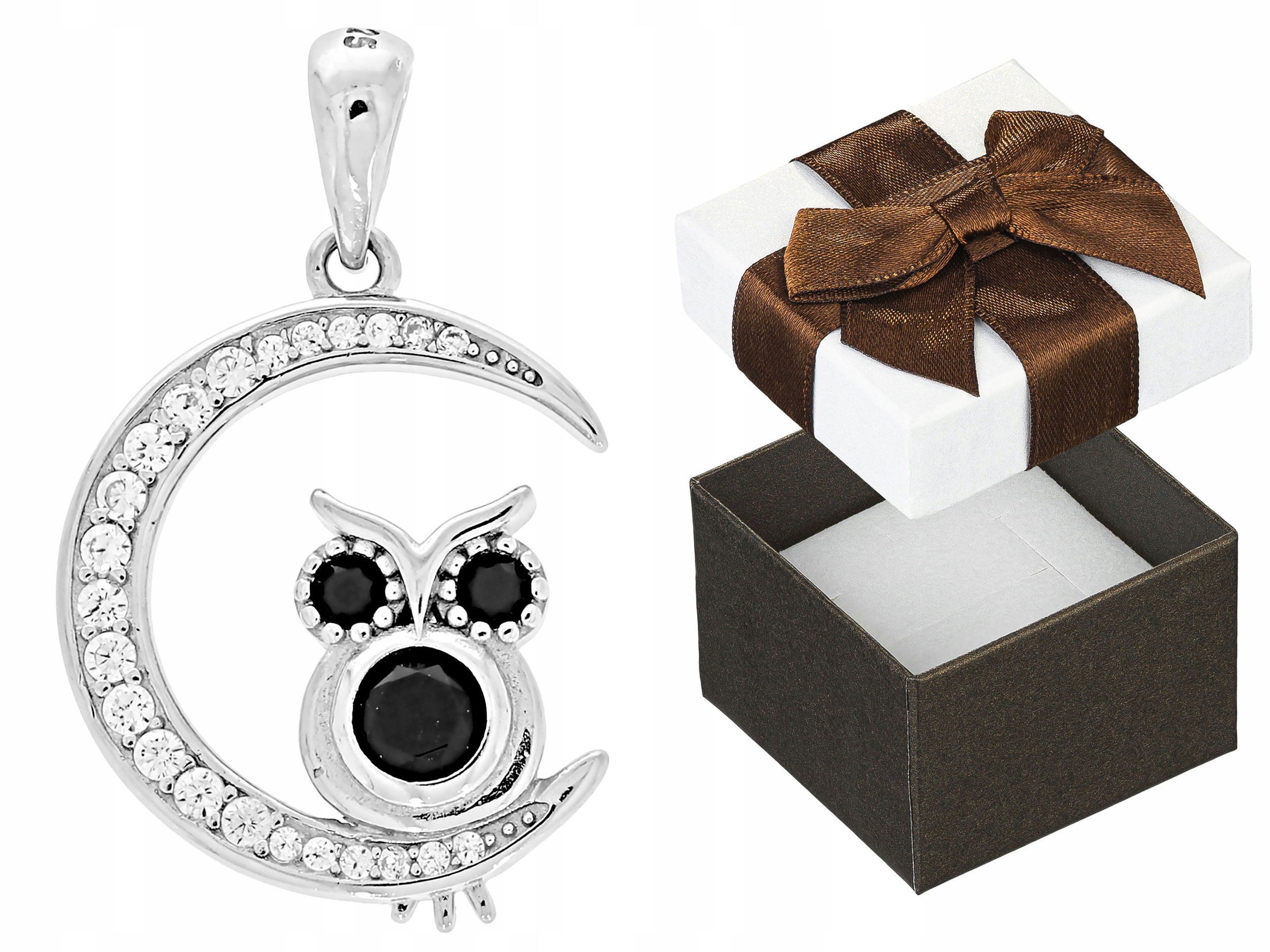 Stříbrný přívěsek Sova s zirkony Rhodiovaný Přívěsek Pták Měsíc Zirkon