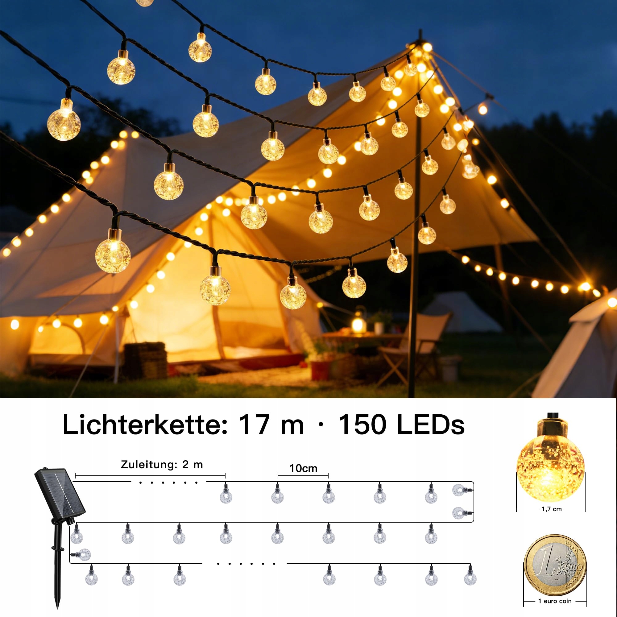 HOPEXY Solarna Girlanda 17m 150 LED IP65 Wodoodporna 8 Trybów Balkon Ogród — miniatura 6