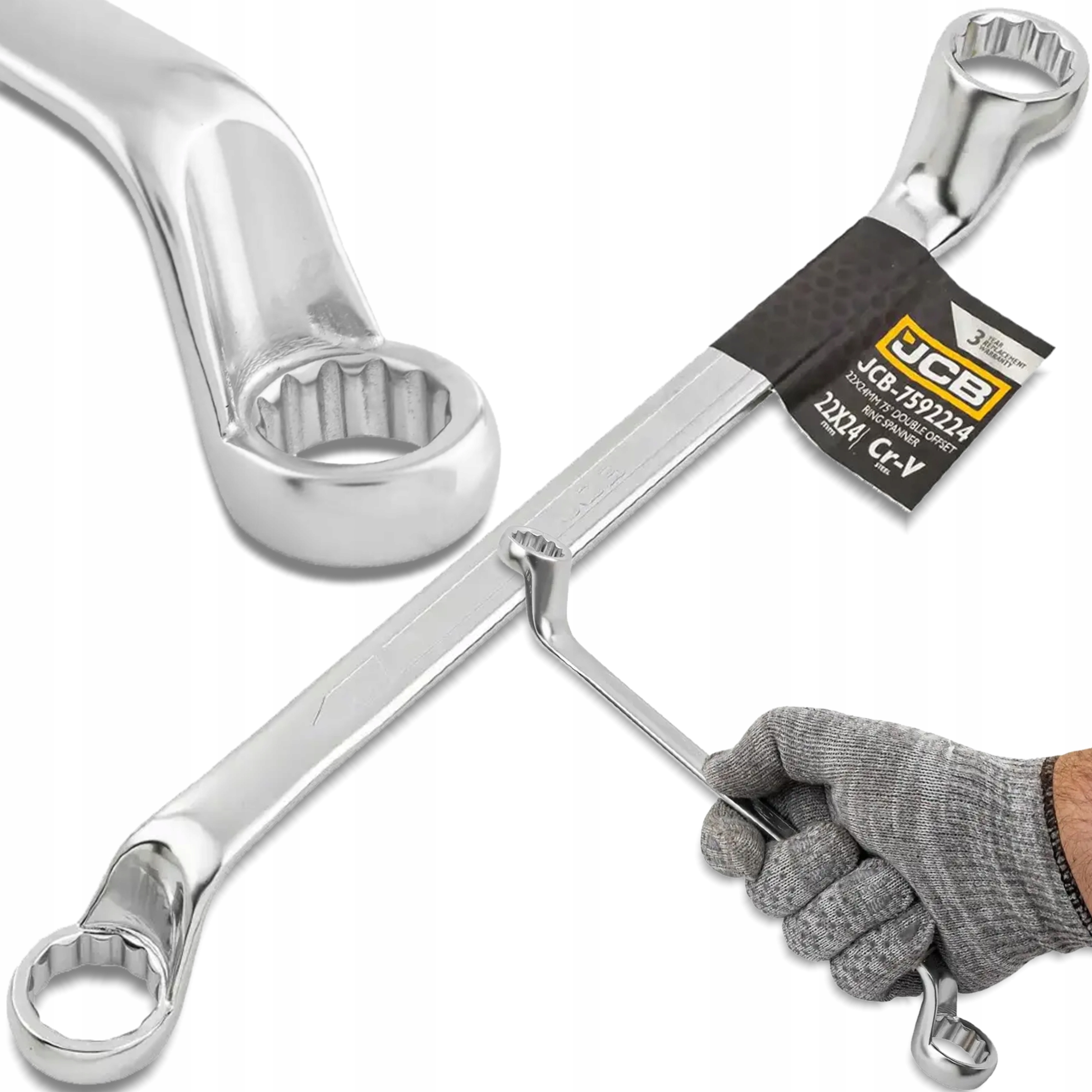 Klucz oczkowy 2-stronny odgięty o 75 stopni 22x24 mm Cr-V 12-kątny Jcb