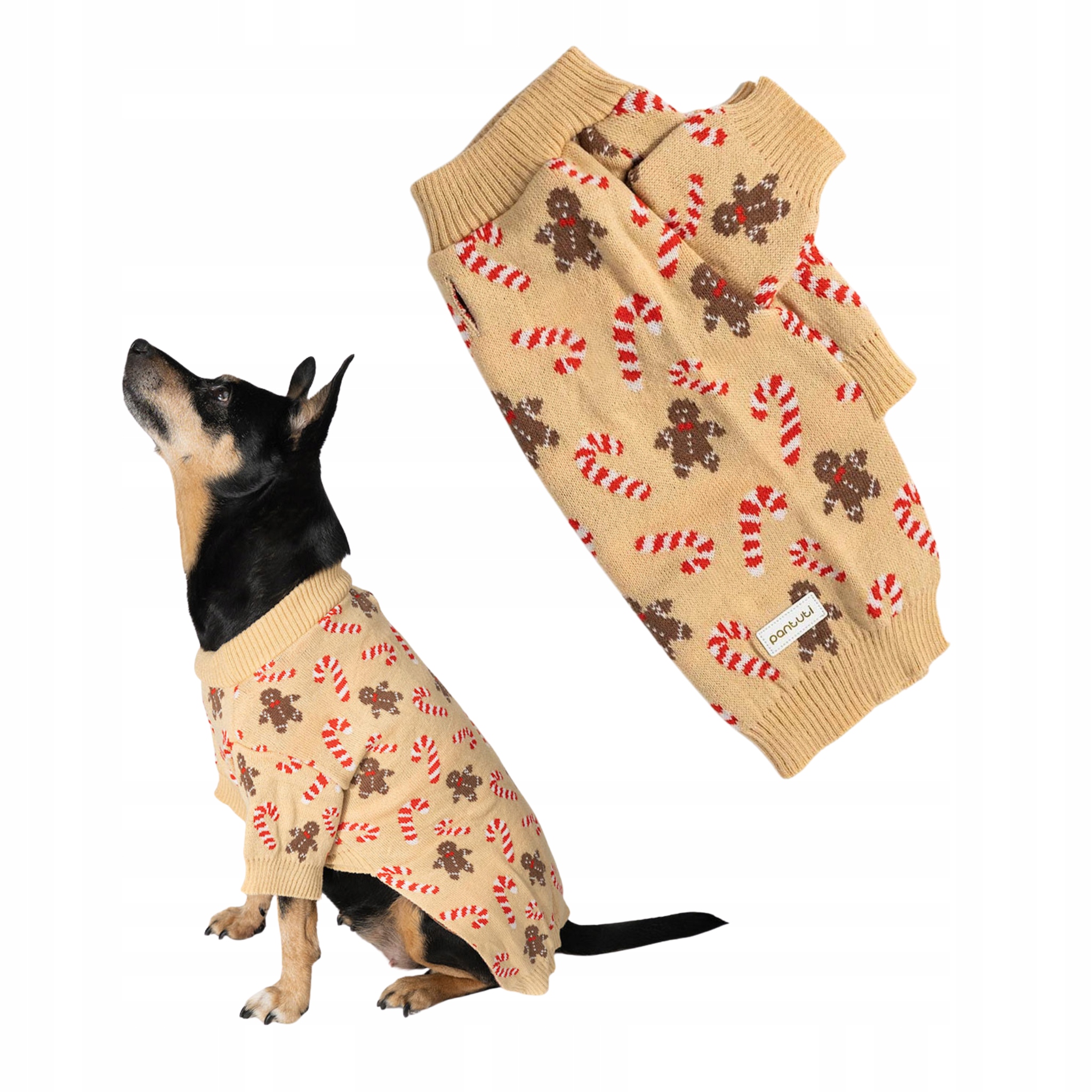 Levně Teplý elastický vánoční svetr pro psa v béžové barvě s perníky Marcipán XXL