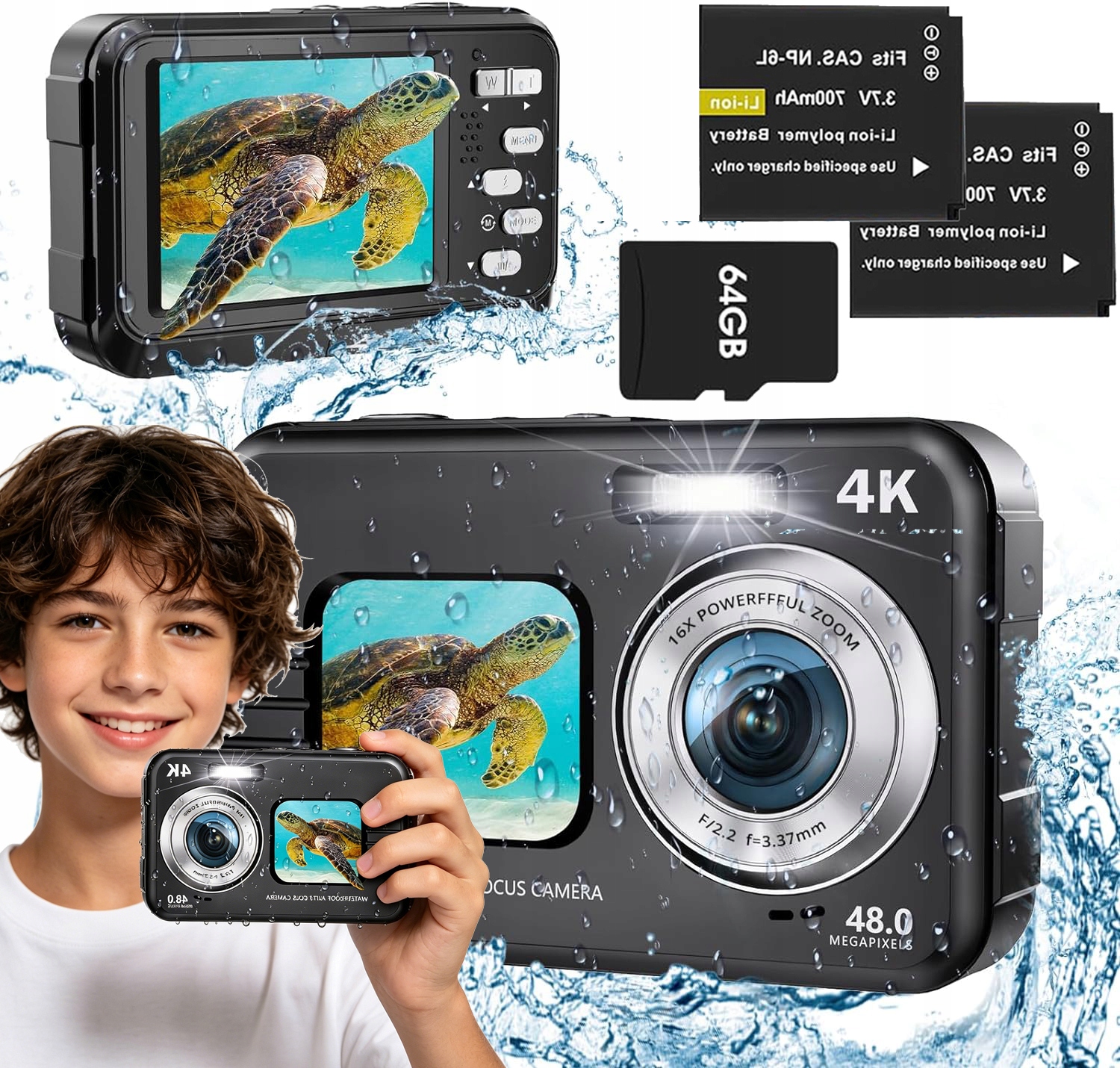 Aparat Podwodny Wodoodporny Pasek Aparatu 64GB 4K 48MP Do Snorkelingu