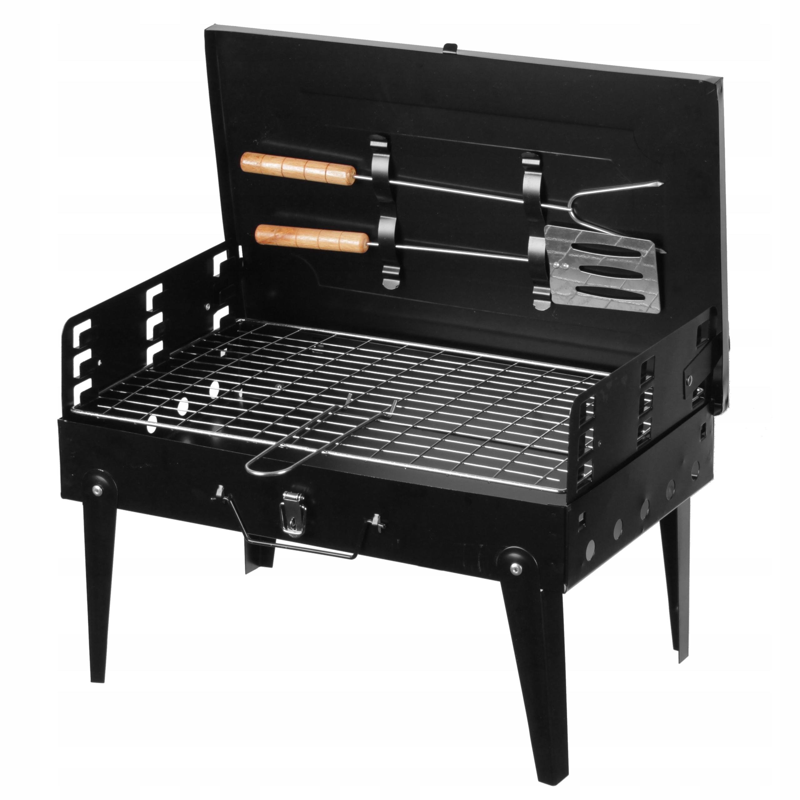 GRILL OGRODOWY TURYSTYCZNY PRZENOŚNY SKŁADANY BBQ WALIZKA + AKCESORIA Szerokość grilla 44 cm