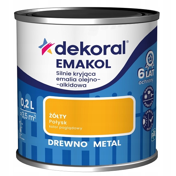 DEKORAL EMALIA SILNIE KRYJĄCA żółty połysk 0,2L