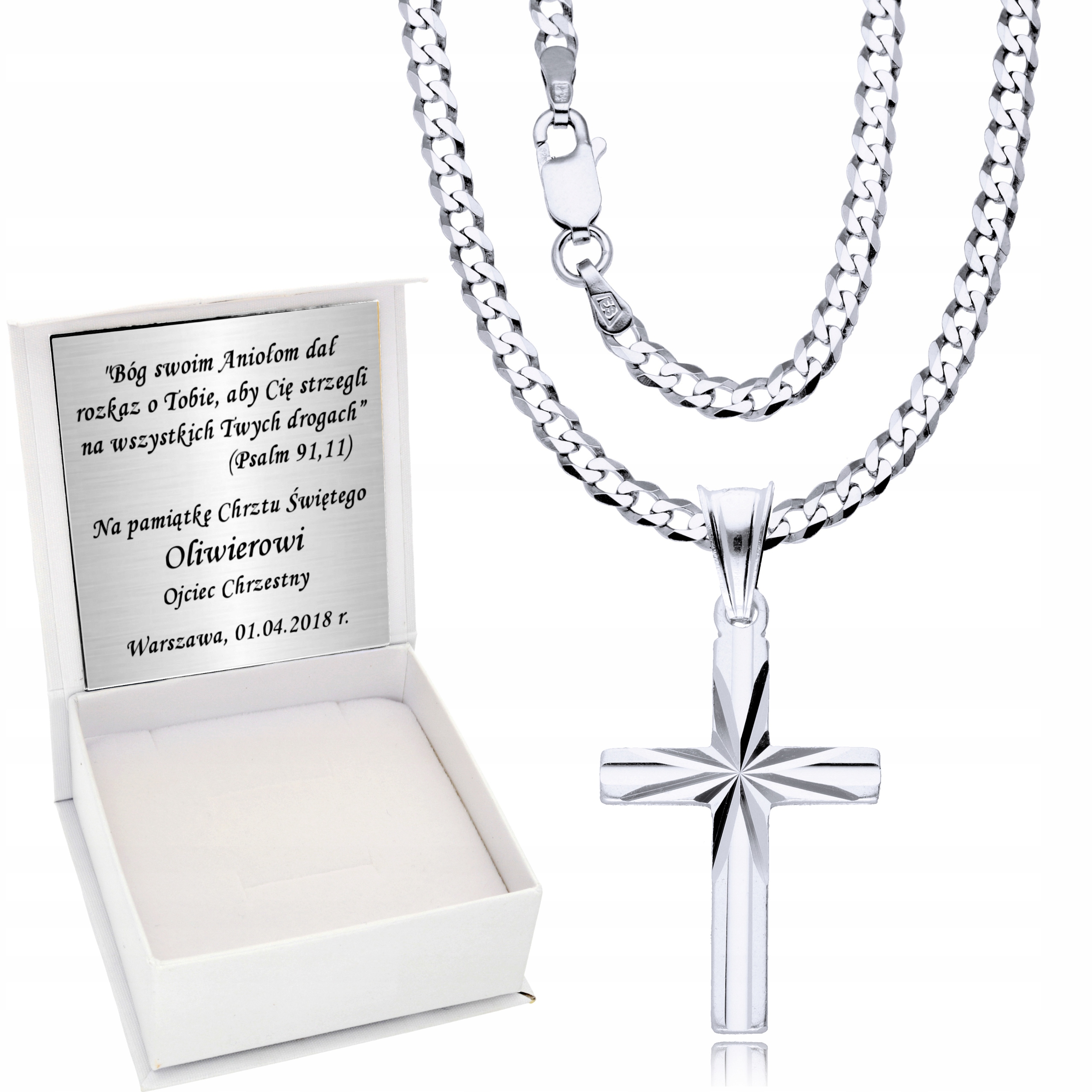 

Srebrny Łańcuszek 925 Krzyż Komunia Chrzest Grawer
