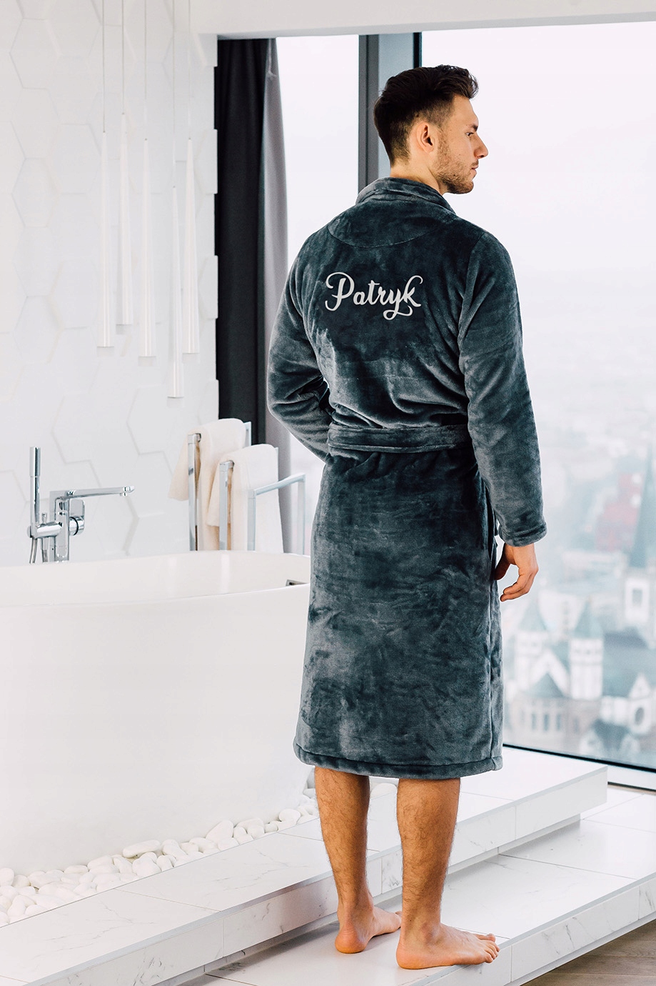 Pánský vyšívaný župan grafitový, teplý, silný na Vánoce, dárek pro něj